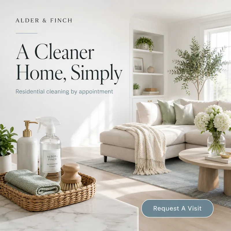 Alder and Finch residential cleaning promotional graphic with a light interior and cleaning products