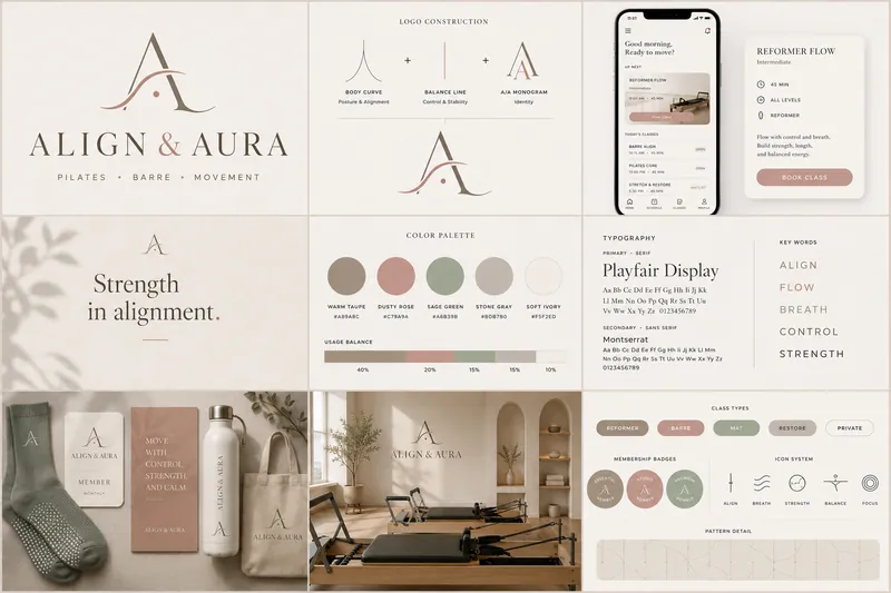 Align & Aura identity board with logo, palette, typography, and application mockups
