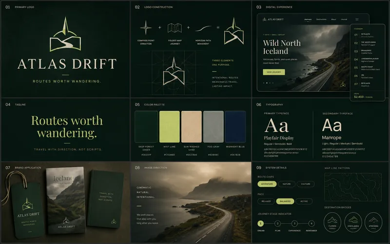 Atlas Drift identity board with logo, palette, typography, and application mockups