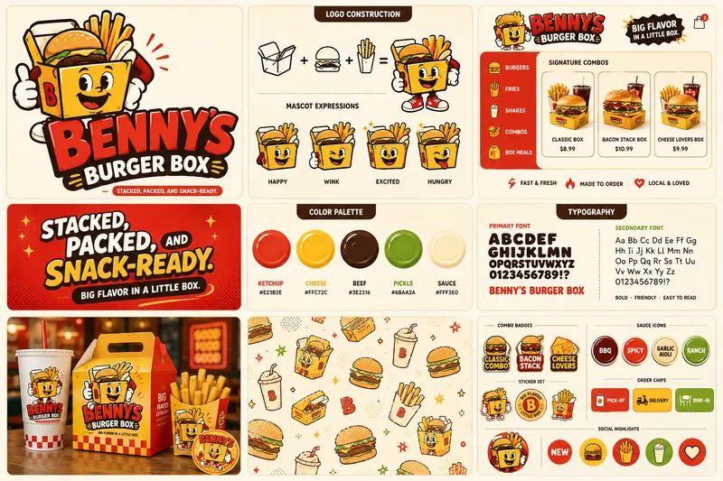 Benny's Burgers identity board with logo, palette, typography, and application mockups