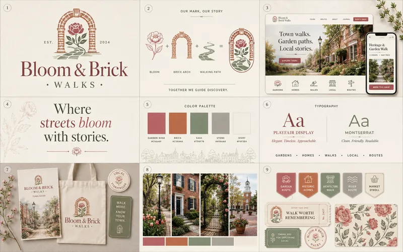 Bloom & Brick identity board with logo, palette, typography, and application mockups