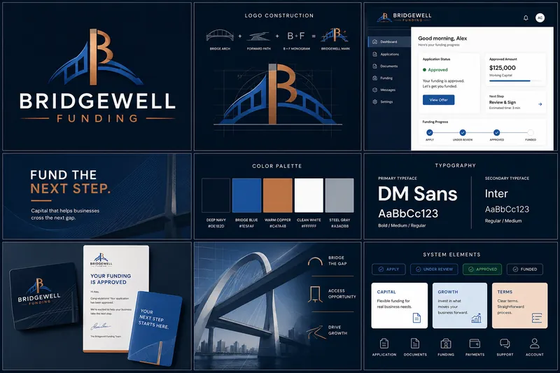Bridgewell Funding identity board with logo, palette, typography, and application mockups