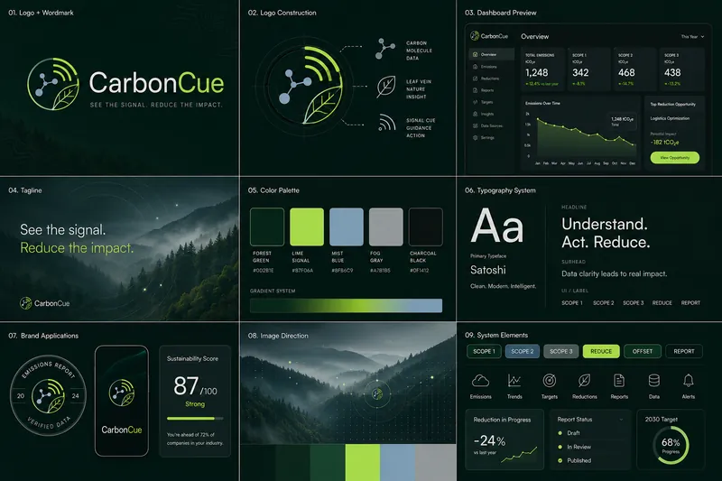 Carbon Cue identity board with logo, palette, typography, and application mockups