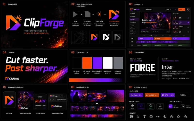 Clip Forge identity board with logo, palette, typography, and application mockups