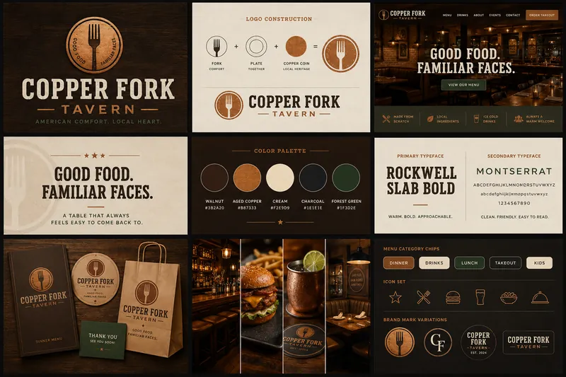 Copper Fork identity board with logo, palette, typography, and application mockups