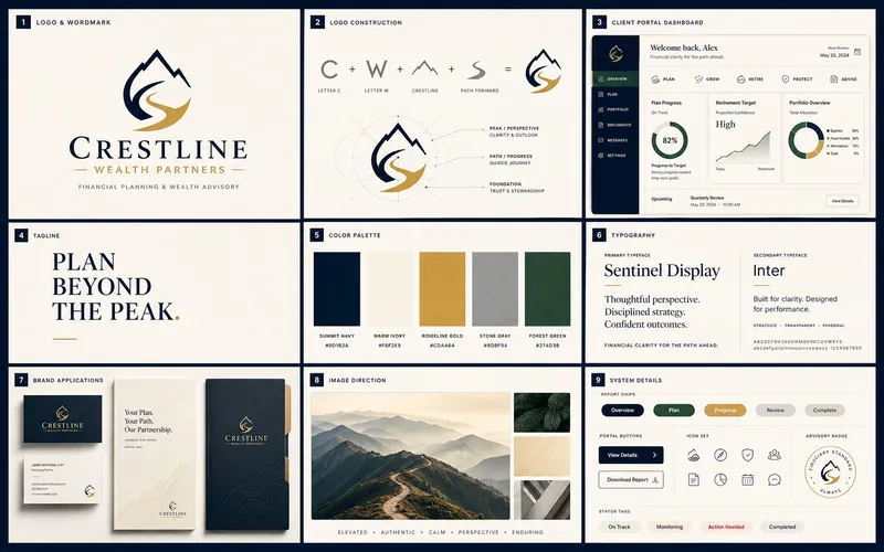 Crestline Wealth Partners identity board with logo, palette, typography, and application mockups