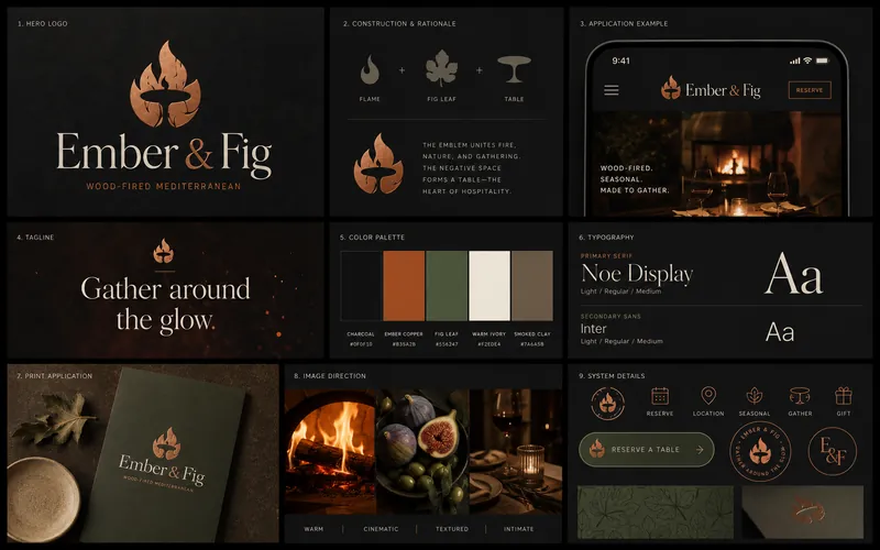 Ember & Fig identity board with logo, palette, typography, and application mockups