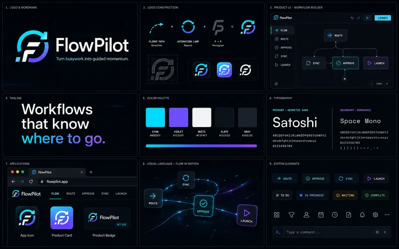 FlowPilot identity board with logo, palette, typography, and application mockups