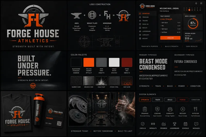 ForgeHouse Athletics identity board with logo, palette, typography, and application mockups