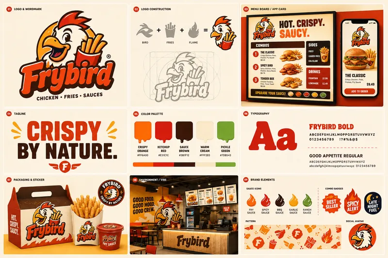 Fry Bird identity board with logo, palette, typography, and application mockups