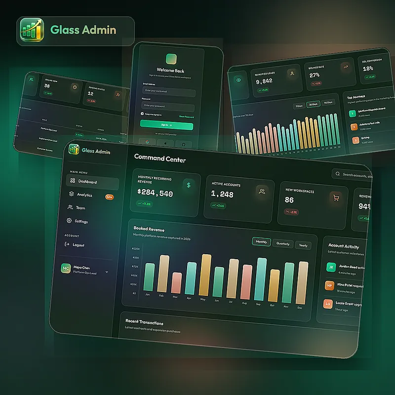 Glass Admin dashboard presentation with charts, account panels, and a sign-in view