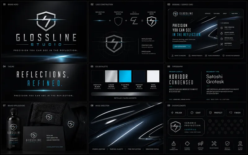 Glossline Studio identity board with logo, palette, typography, and application mockups