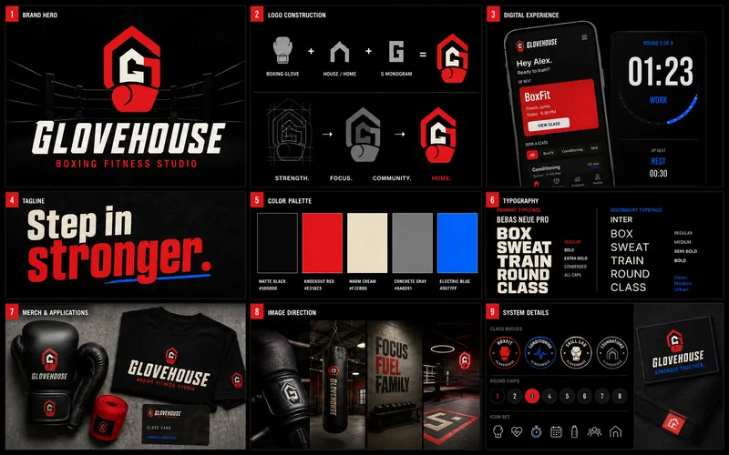 GloveHouse Boxing identity board with logo, palette, typography, and application mockups