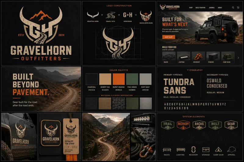 Gravelhorn Outfitters identity board with logo, palette, typography, and application mockups