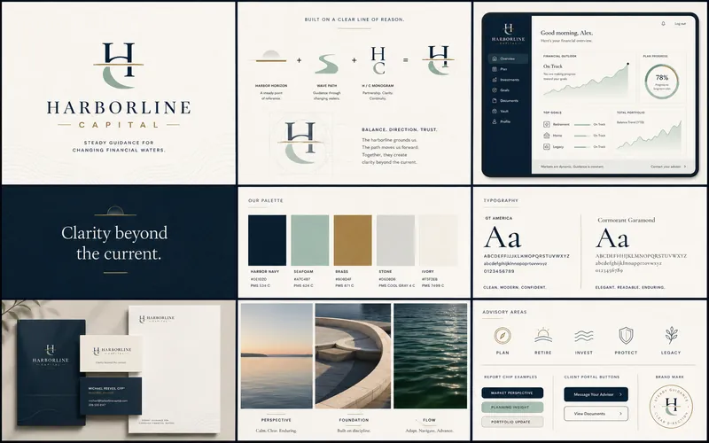 Harborline Capital identity board with logo, palette, typography, and application mockups