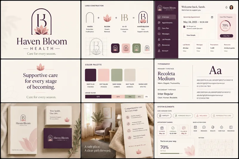 Haven Bloom Health identity board with logo, palette, typography, and application mockups