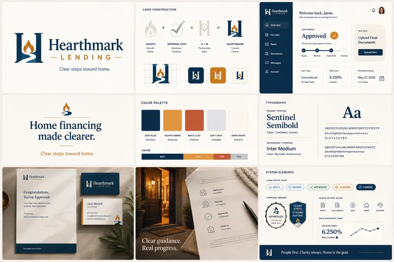 HearthMark Lending identity board with logo, palette, typography, and application mockups