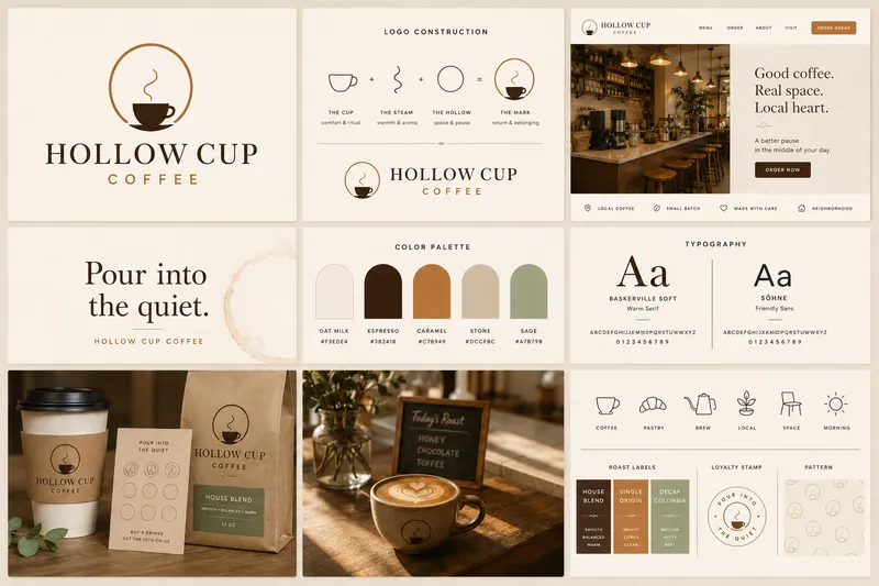 Hollow Cup identity board with logo, palette, typography, and application mockups