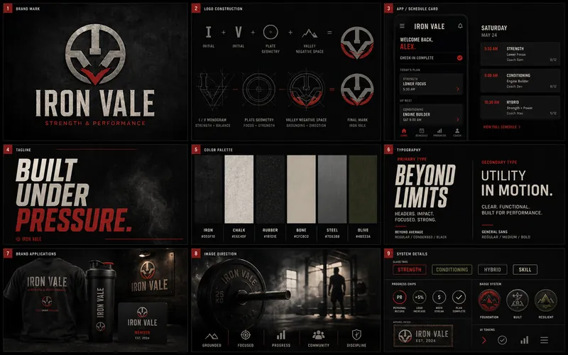 Iron Vale identity board with logo, palette, typography, and application mockups