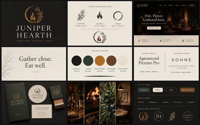 Juniper Hearth identity board with logo, palette, typography, and application mockups
