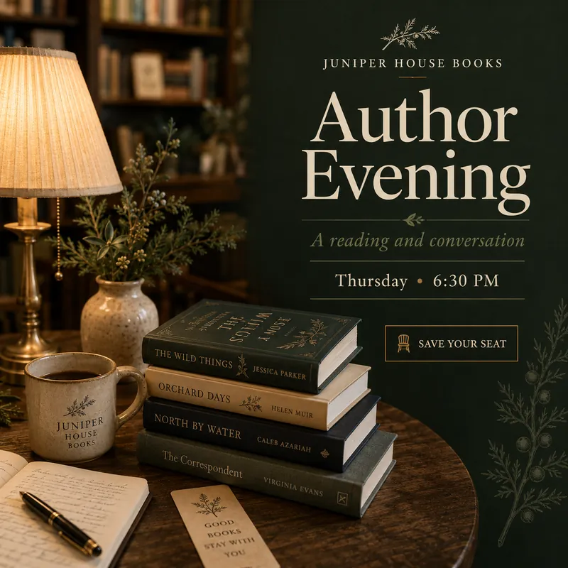 Juniper House — Author Evening marketing graphic