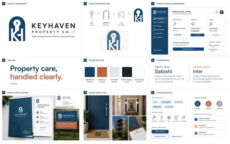 KeyHaven Property identity board with logo, palette, typography, and application mockups
