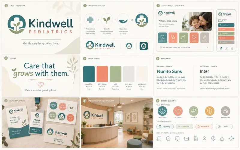 Kindwell identity board with logo, palette, typography, and application mockups