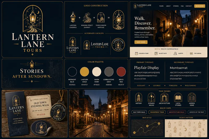 Lantern Lane identity board with logo, palette, typography, and application mockups
