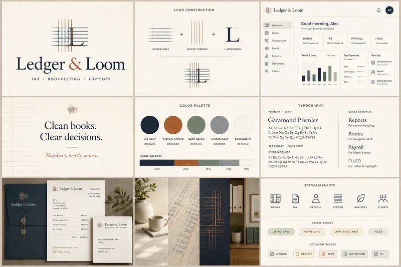 Ledger and Loom brand board showing a monogram, colors, typography, and print and digital applications