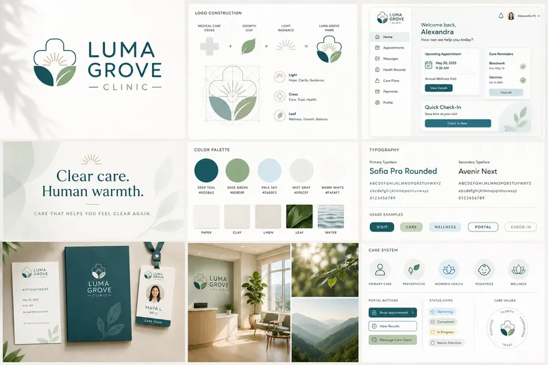 Luma Grove Clinic identity board with logo, palette, typography, and application mockups