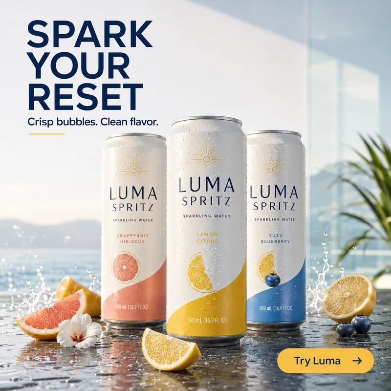 Luma Spritz sparkling water advertisement concept with three cans and citrus fruit