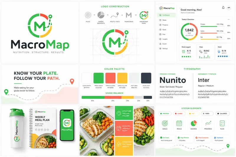 MacroMap identity board with logo, palette, typography, and application mockups