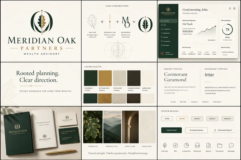 Meridian Oak identity board with logo, palette, typography, and application mockups