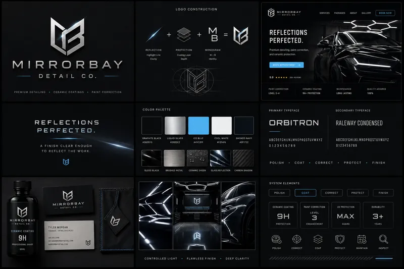 MirrorBay Detail identity board with logo, palette, typography, and application mockups