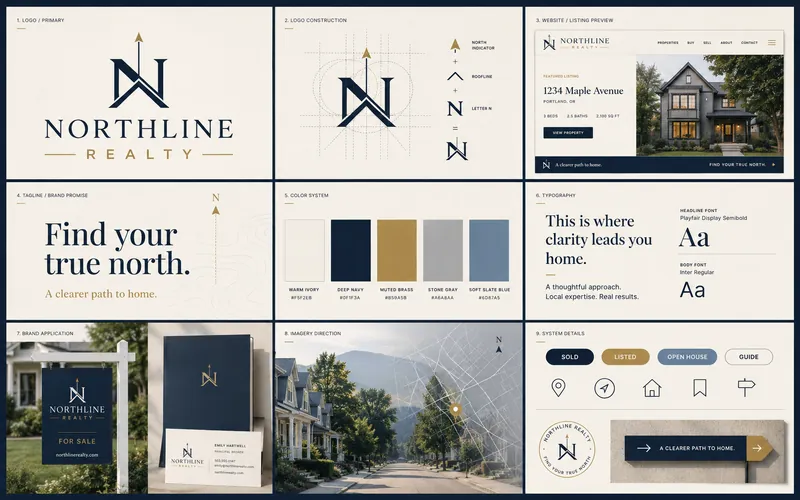 Northline Real Estate identity board with logo, palette, typography, and application mockups