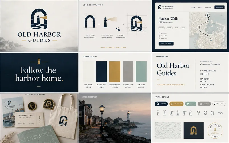 Old Harbor identity board with logo, palette, typography, and application mockups