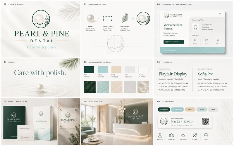 Pearl & Pine Dental identity board with logo, palette, typography, and application mockups