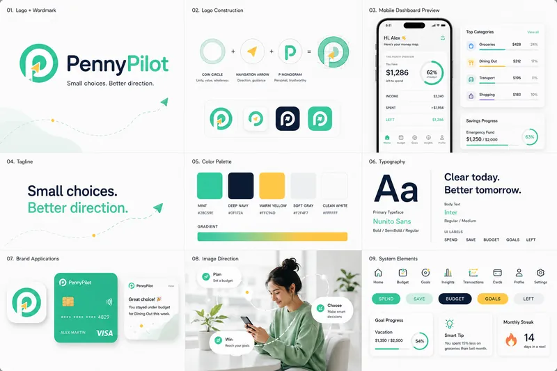 Penny Pilot identity board with logo, palette, typography, and application mockups
