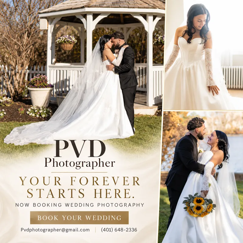 PVD Photographer wedding advertising graphic combining a couple’s portraits with booking typography
