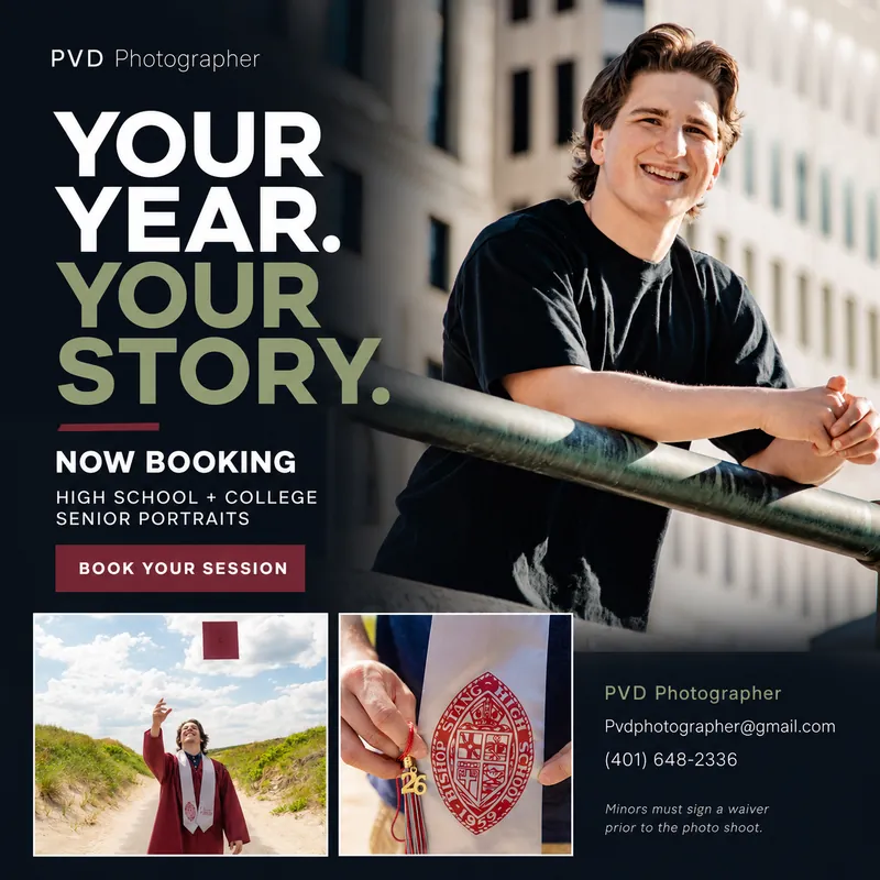 PVD Photographer senior portrait advertisement with a large portrait and graduation details