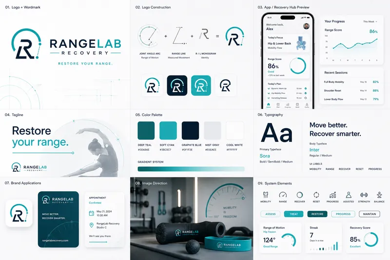 RangeLab Recovery identity board with logo, palette, typography, and application mockups