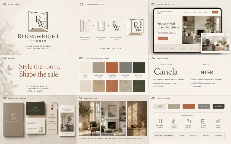 RoomWright Studio identity board with logo, palette, typography, and application mockups