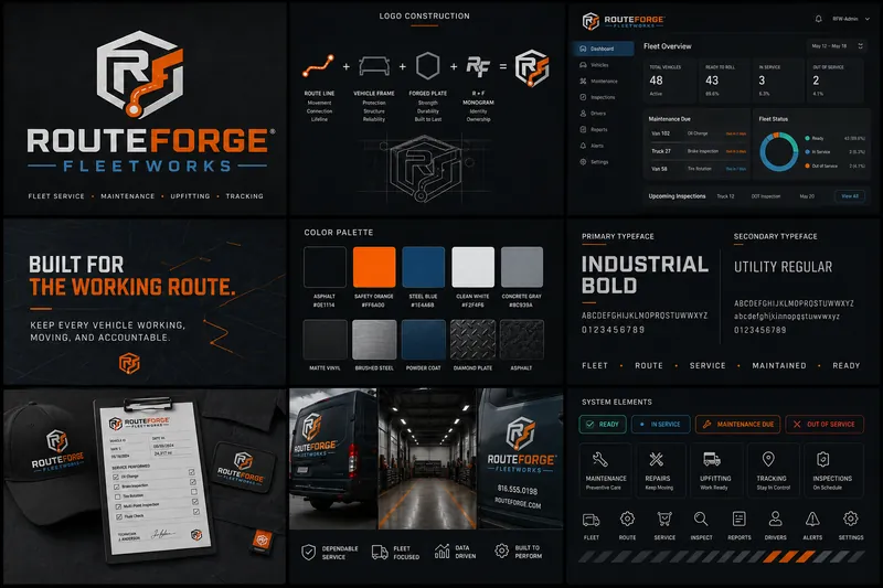 Route Forge identity board with logo, palette, typography, and application mockups