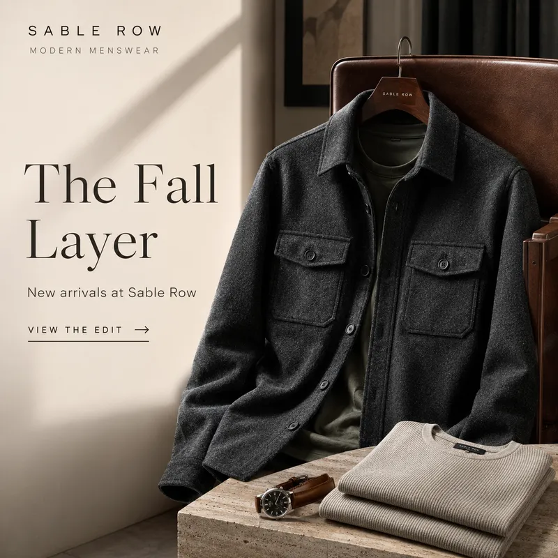 Sable Row menswear social graphic featuring a jacket and seasonal typography