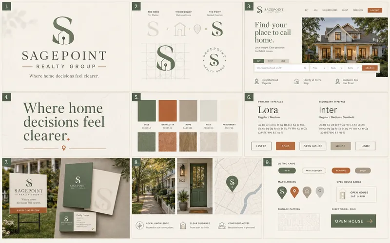 SagePoint Realty identity board with logo, palette, typography, and application mockups