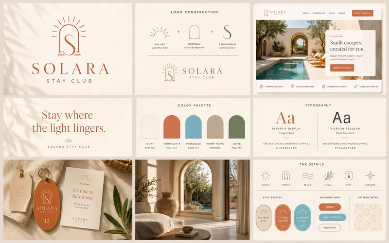 Solara Stay identity board with logo, palette, typography, and application mockups