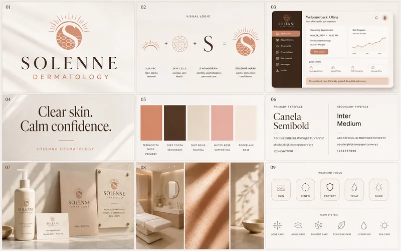 Solenne Dermatology identity board with logo, palette, typography, and application mockups
