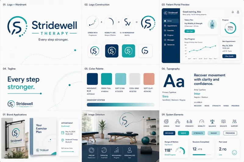 Stridewell Therapy identity board with logo, palette, typography, and application mockups