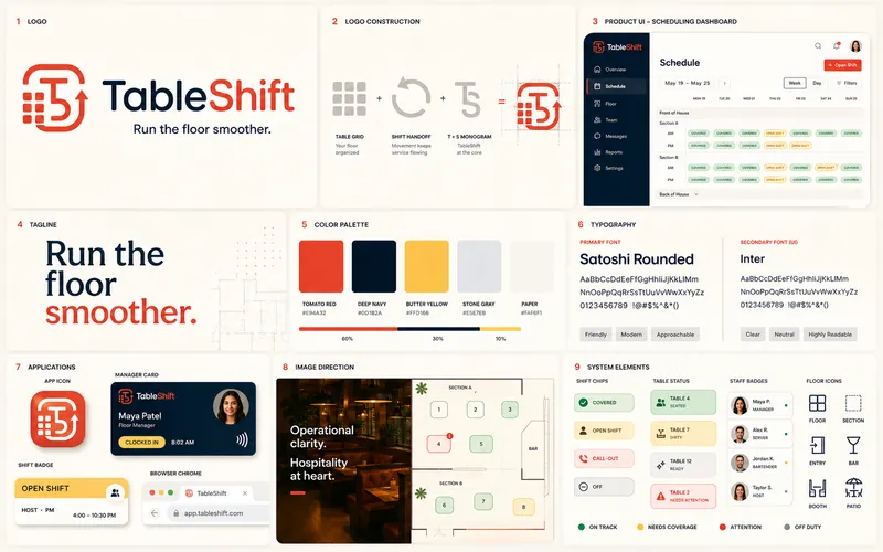 Table Shift identity board with logo, palette, typography, and application mockups