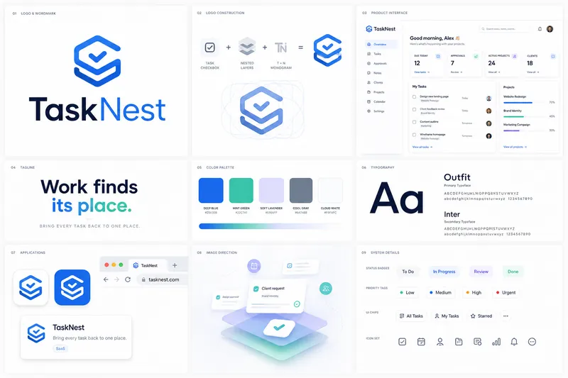 TaskNest identity board with logo, palette, typography, and application mockups